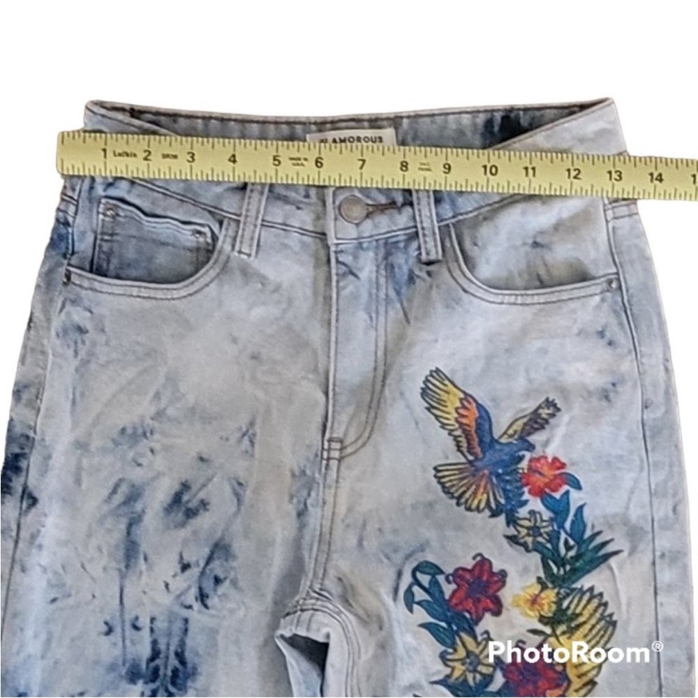 Anthropologie Glamorous Acid Wash Embroidered High Waist Mom Jeans Raw Hem